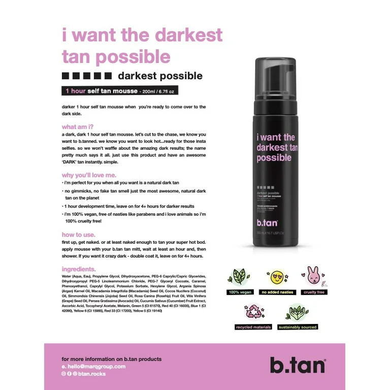 B.Tan Darkest Tan Possible, Sunless Tanning Mousse, 6.7 oz | Walmart (US)