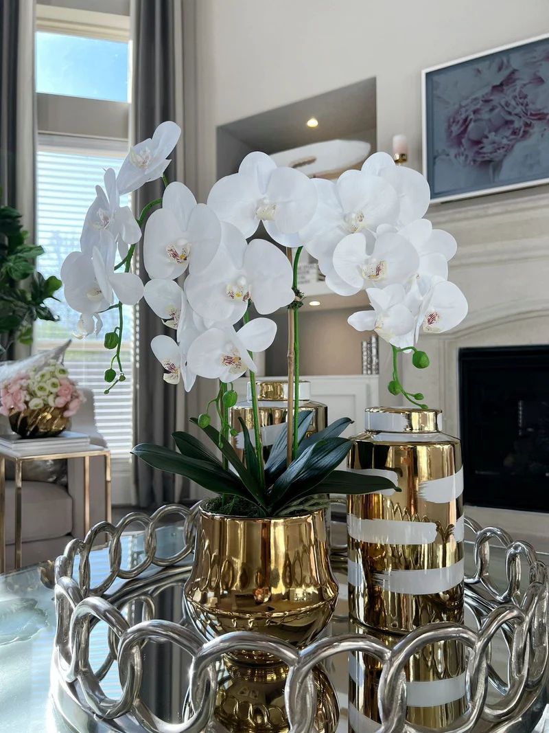 White Faux Orchid in Shiny Gold Pot "From Pops of Color Home Collection" | Inspire Me! Home Decor