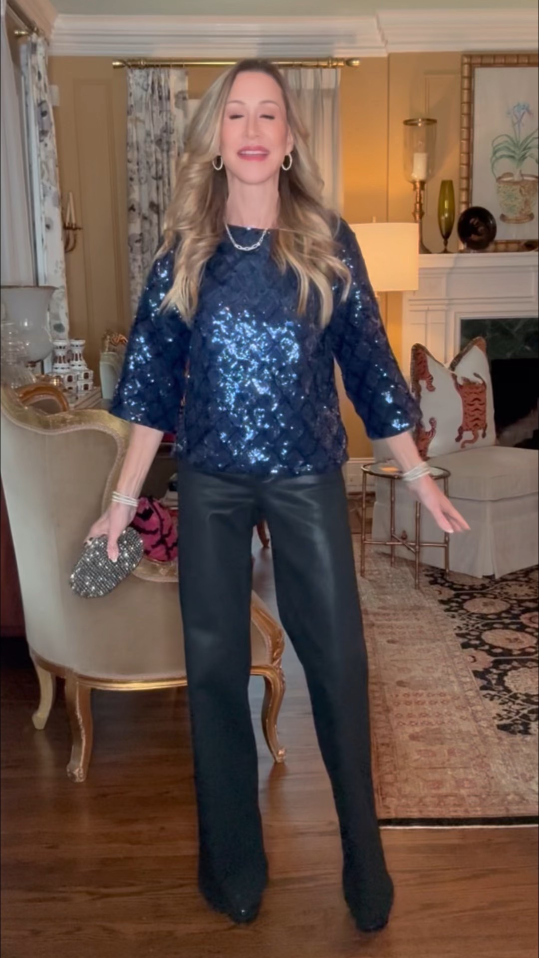 Three holiday ready outfits from Jude  Connally!  A navy blue sequined styles with black pants, a green velvet blazer with feather sleeves and rhinestone buttons styled with black leather pants and slingbacks, and a green velvet dress with patterned tights and black suede booties!


#LTKHoliday #LTKootd #LTKSeasonal
