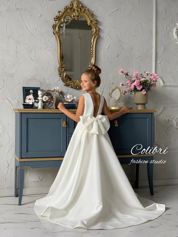 Flower girl dress satin, Flower girl dress tutu, Communion dress, Ivory girl dress, First birthda... | Etsy (US)