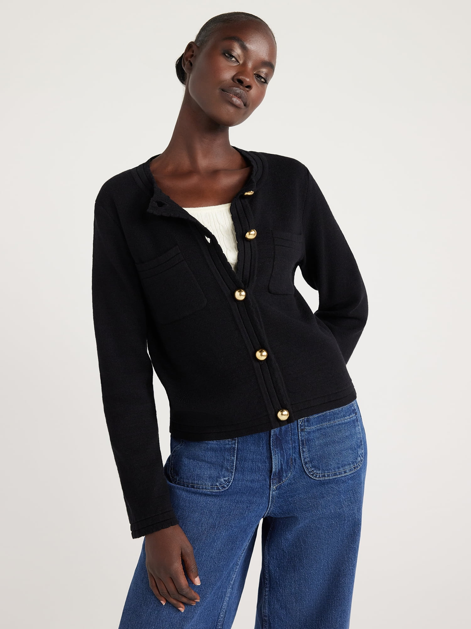 Free Assembly Women’s Long Sleeve Cardigan Sweater with Chest Pockets, Midweight, Sizes XS-XXL | Walmart (US)