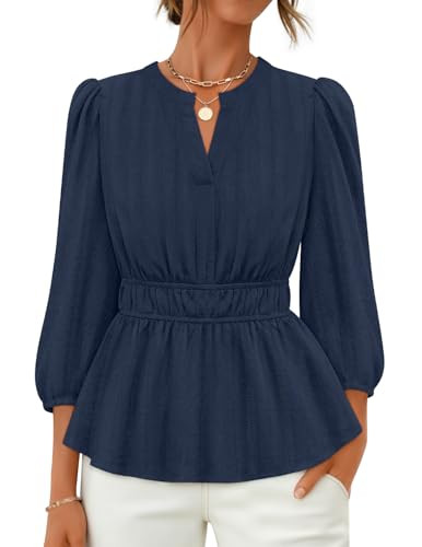 ZESICA Women's 2026 Fall Babydoll Peplum Tops V Neck Puff 3/4 Length Sleeve Shirts Dressy Casual ... | Amazon (US)