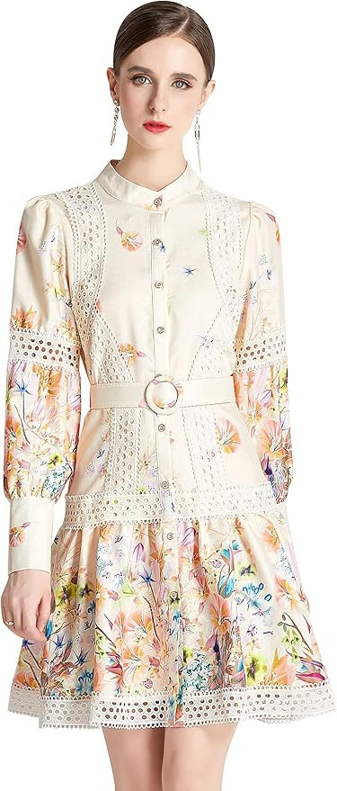 LAI MENG FIVE CATS Women's Hollow Out Floral Print Lantern Sleeve Button Casual Mini Dress | Amazon (US)