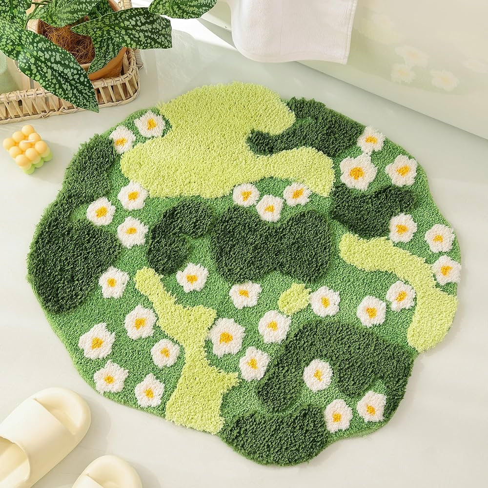 YIKUSH Moss Bath Mat Green Shower Mat with Small White Flowers Bathtub Mat Non Slip Door Mat for ... | Amazon (US)