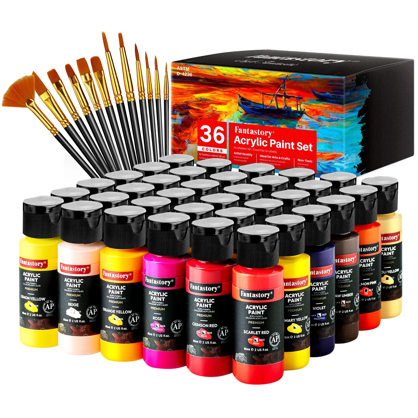 Fantastory Acrylic Paint Set 36 Colors(2oz/60ml) w/ 12 Brushes, Pro Craft Thick Paint Kits. | Walmart (US)