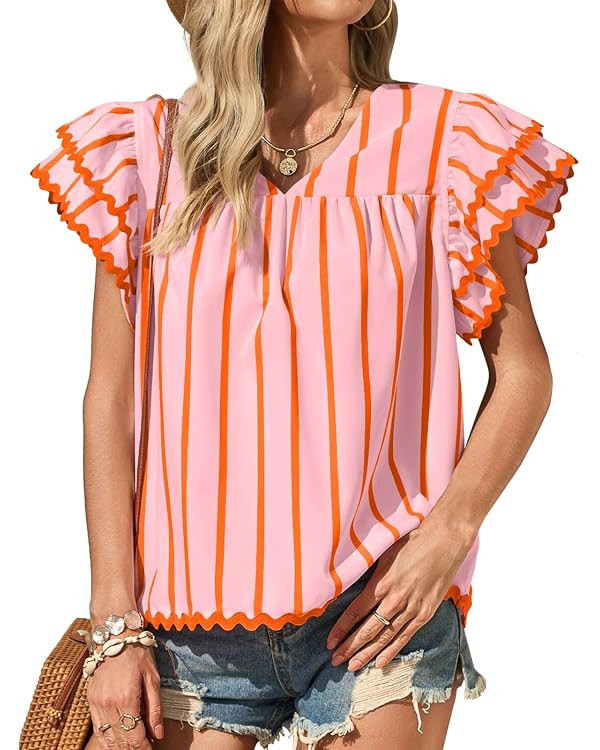 Tankaneo Womens Ruffle Short Sleeve Blouse V Neck Striped Pleated Trim Shirts Summer Casual Loose... | Amazon (US)