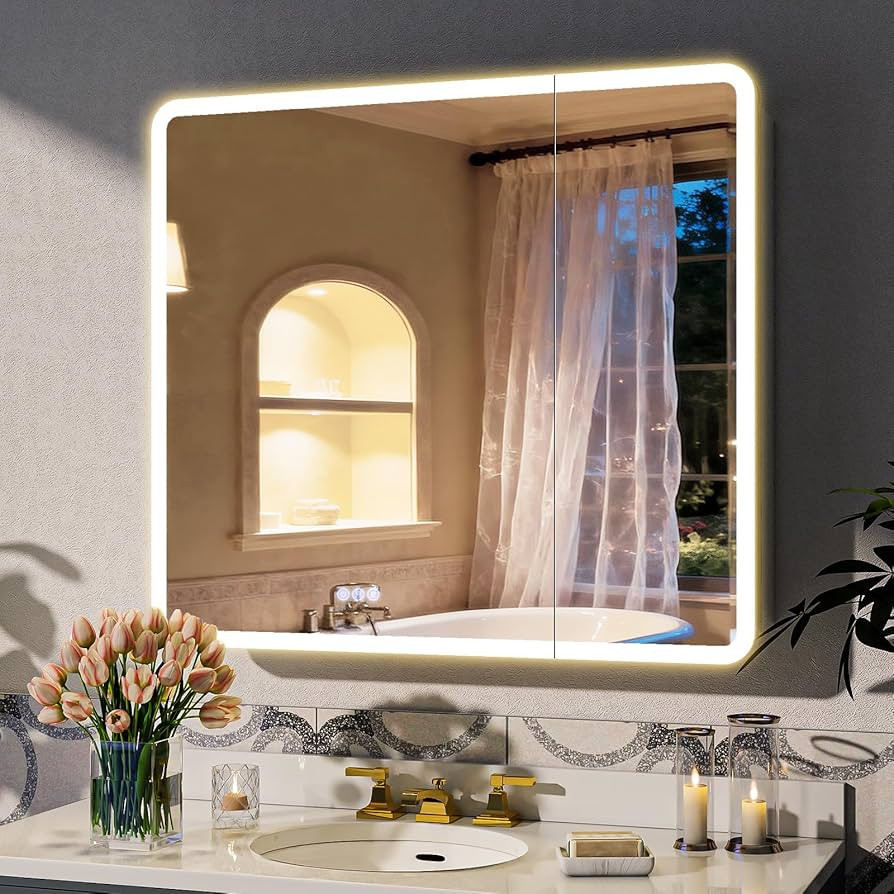 BEAUTYPEAK LED Bathroom Medicine Cabinet Mirror, 36 Inch x 32 Inch Bathroom Wall Mirror Cabinet w... | Amazon (US)