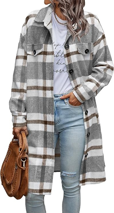 PRETTYGARDEN Women's Plaid Shacket 2023 Long Sleeve Button Up Flannel Shirt Winter Tartan Jacket ... | Amazon (US)