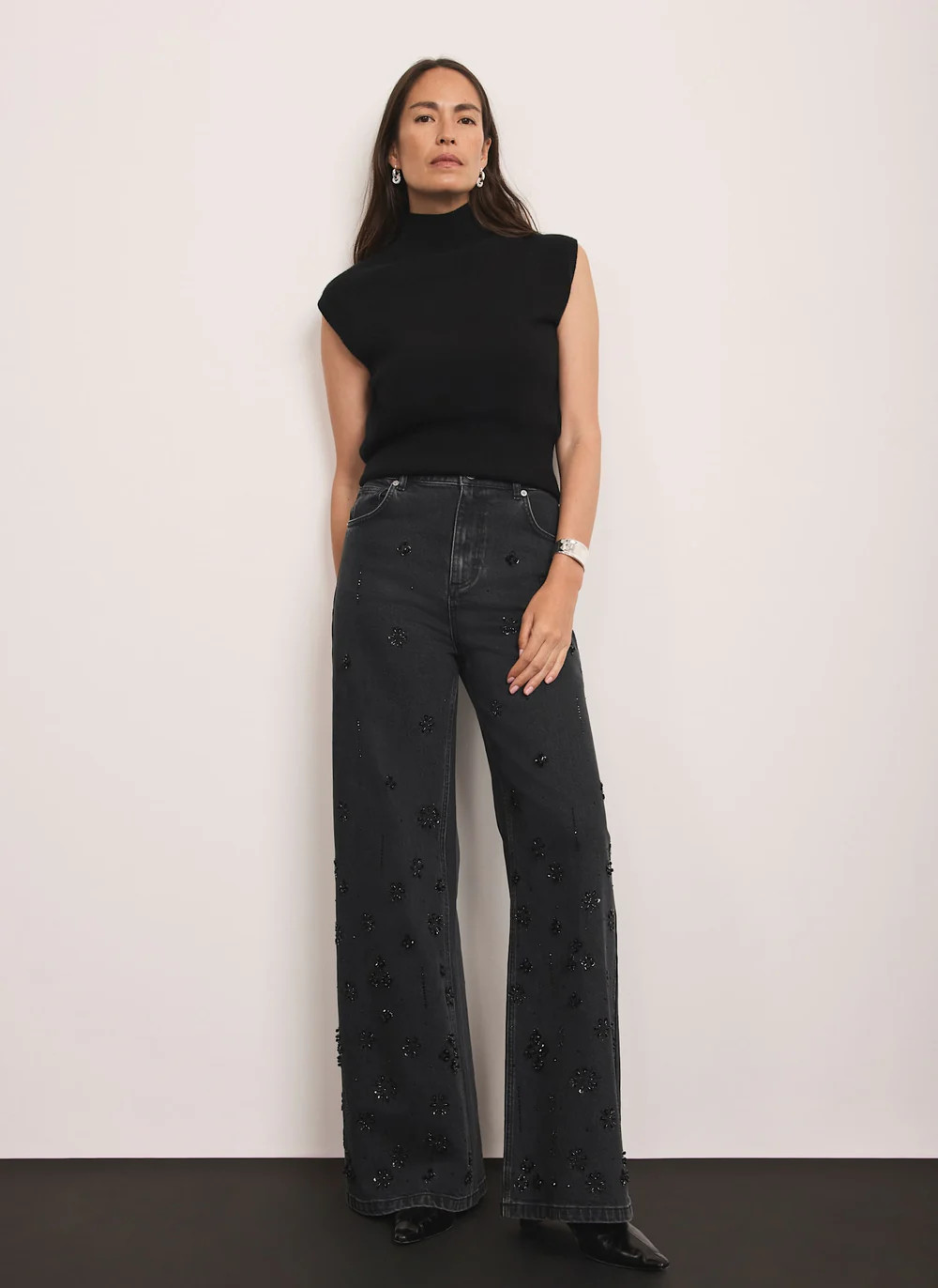 Washed Black Embellished Wide Jeans | Mint Velvet