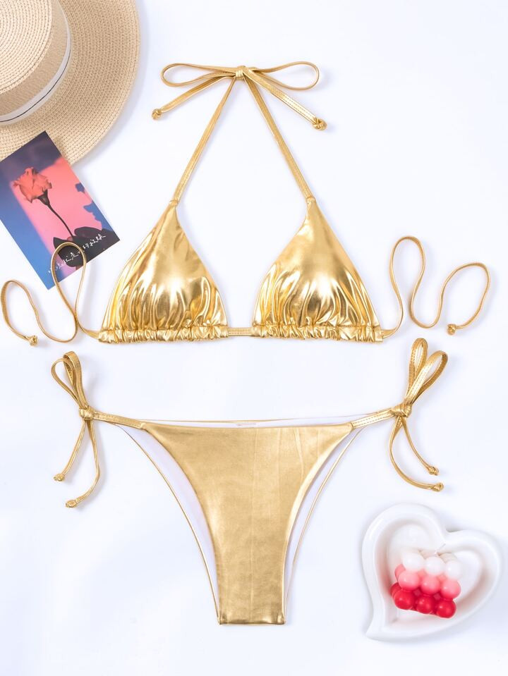 SHEIN Swim Y2GLAM Metallic Triangle Tie Side Bikini Swimsuit | SHEIN