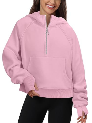FKEEP Womens Half Zip Hoodies Quarter Zipper Up Cropped Sweatshirt Long Sleeve Athletic Pullover Tops with Thumb Hole(Pink,X-Large) | Amazon (US)