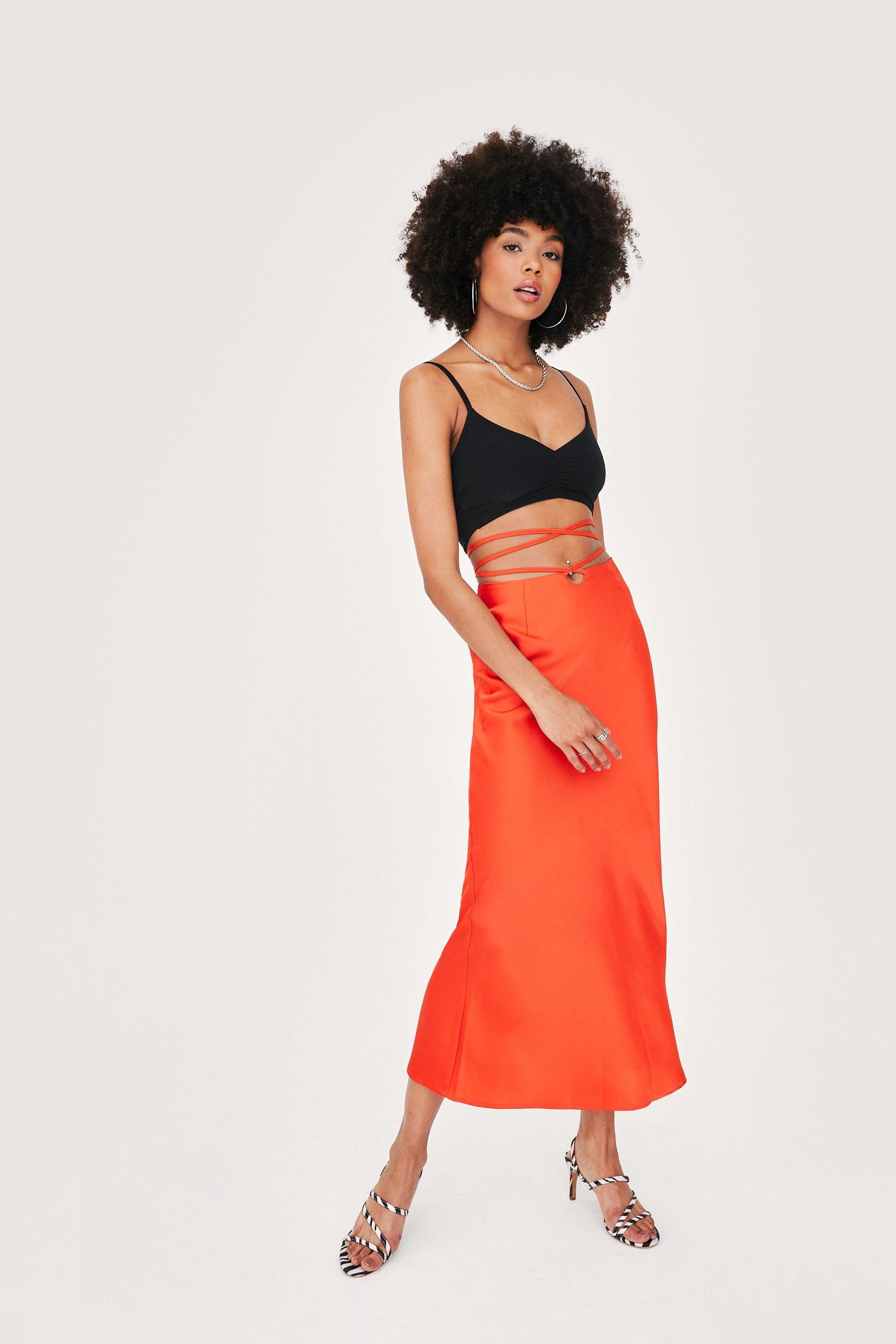 Strappy Tie Waist Satin Midi Skirt | Nasty Gal (US)