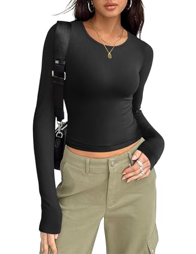 Zeagoo Black Long Sleeve Shirt for Woman Basic Slim Fitted Shirts Casual Fashion 2024 Y2k Tops Teen Girl Clothes Black | Amazon (US)