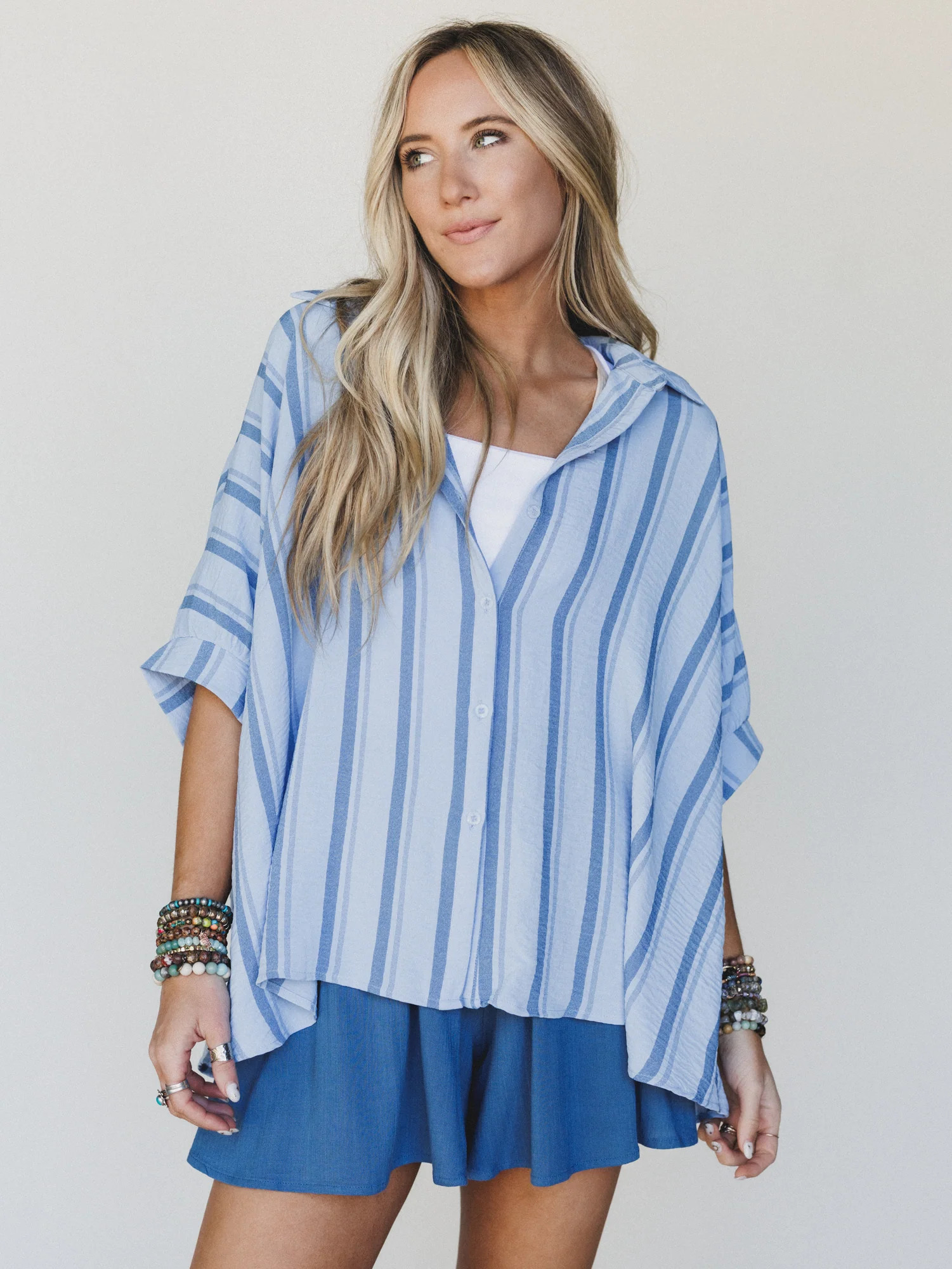 Stripes Above Button Up Top - Blue | Three Bird Nest