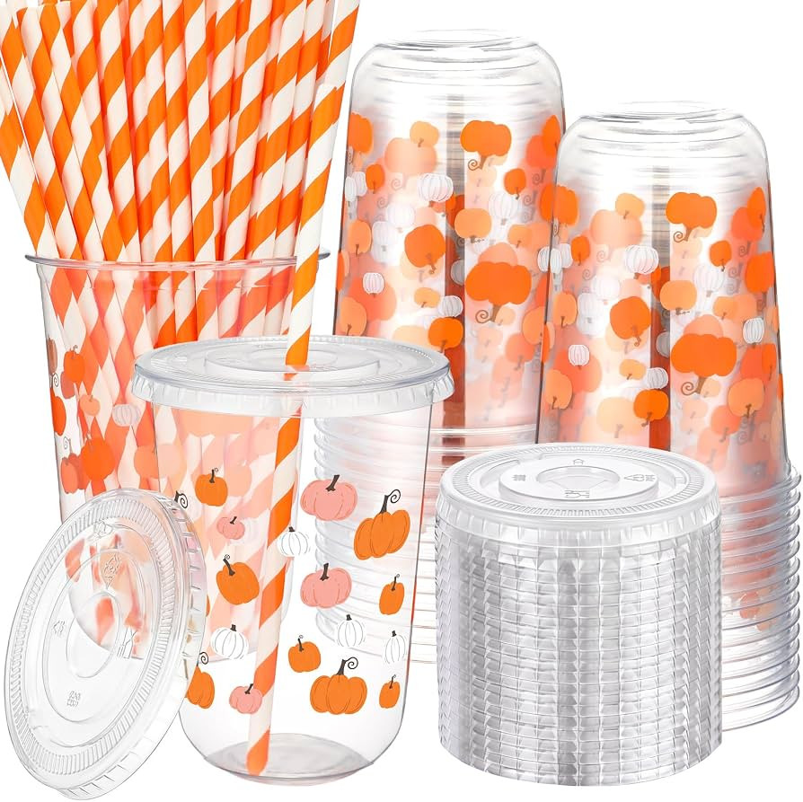 LemonRoad 50 Pack Fall Pumpkin Cups with Lids and Straws, 16 oz Clear Plastic Disposable Cups for... | Amazon (US)