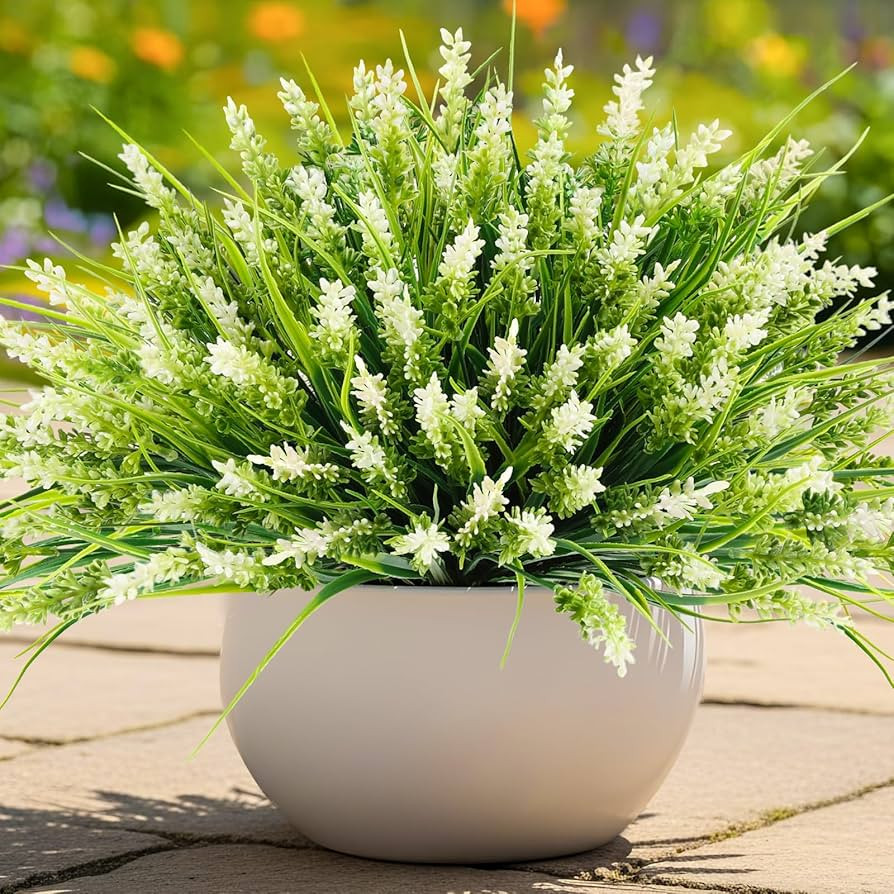 Artificial Plants for Outdoors, 10 Bundles Fake Monkey Grass with White Spring Flowers, Faux Plan... | Amazon (US)