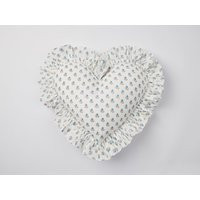 Blue Floral Blockprint Ruffle Heart Cushion | Etsy (US)