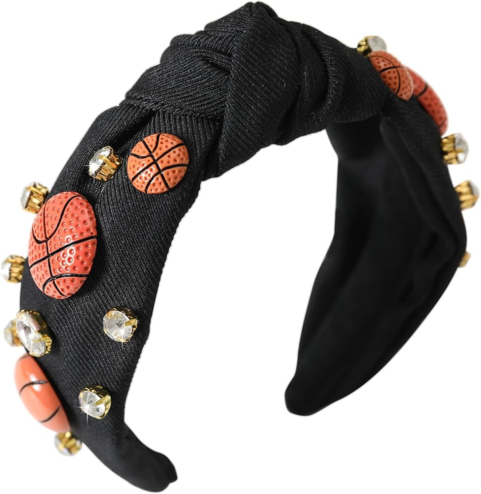 Basketball Knotted Headband for Women Crystal Rhinestone Jeweled Headband Black Knot Embellished Headband Funny Game Day Hair Accessories Gift for Ladies Girls Fans | Amazon (US)
