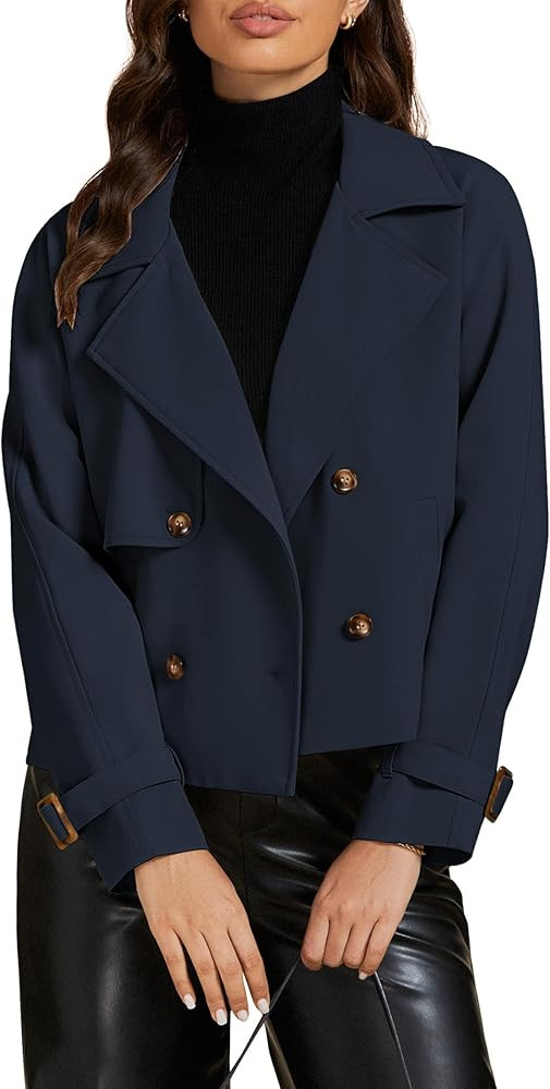 luvamia Cropped Trench Coat for Women Long Sleeve Double Breasted Notched Lapel Casual Loose Fit ... | Amazon (US)