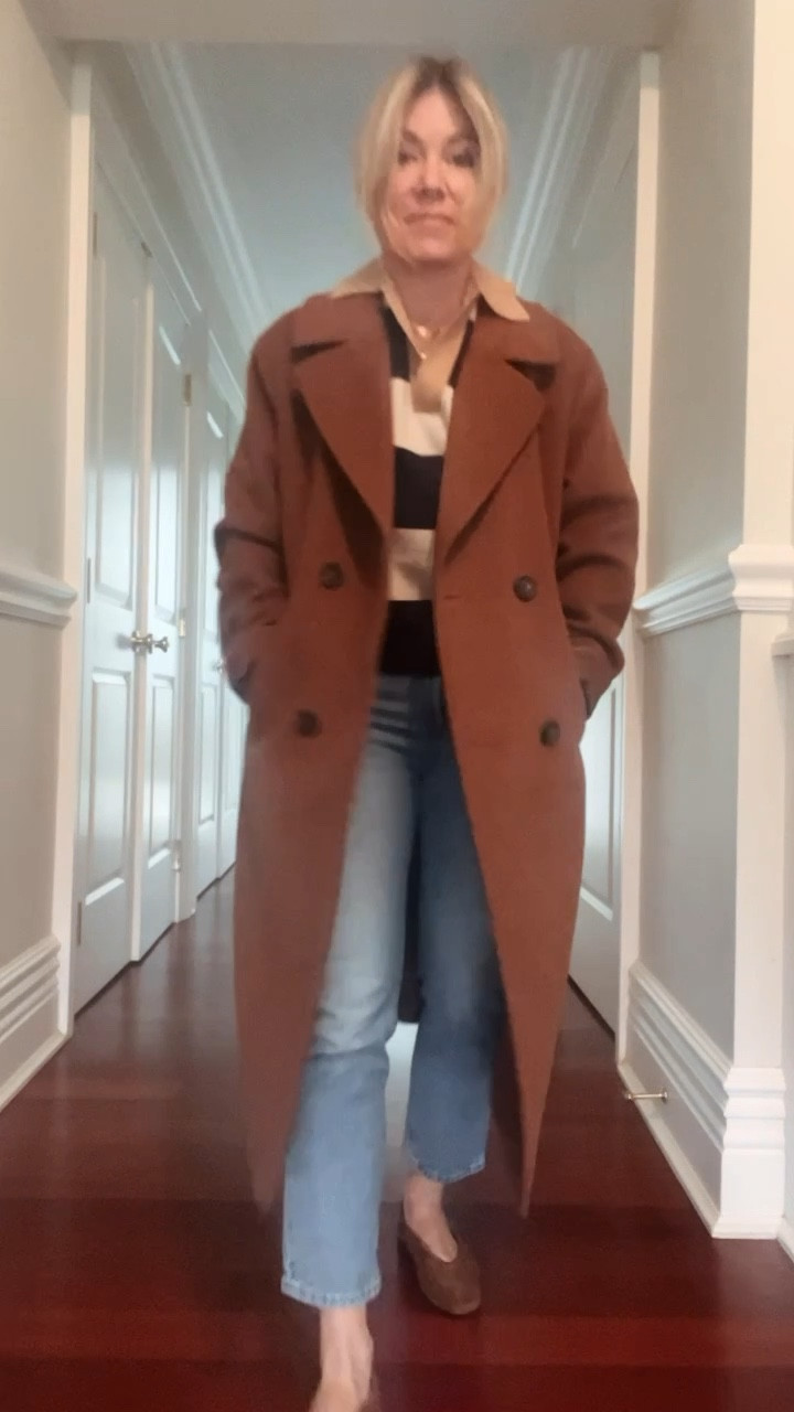 Cashmere rugby striped polo + chocolate brown suede flats + brown overcoat + jeans 

#LTKOver40 #LTKSaleAlert #LTKSeasonal