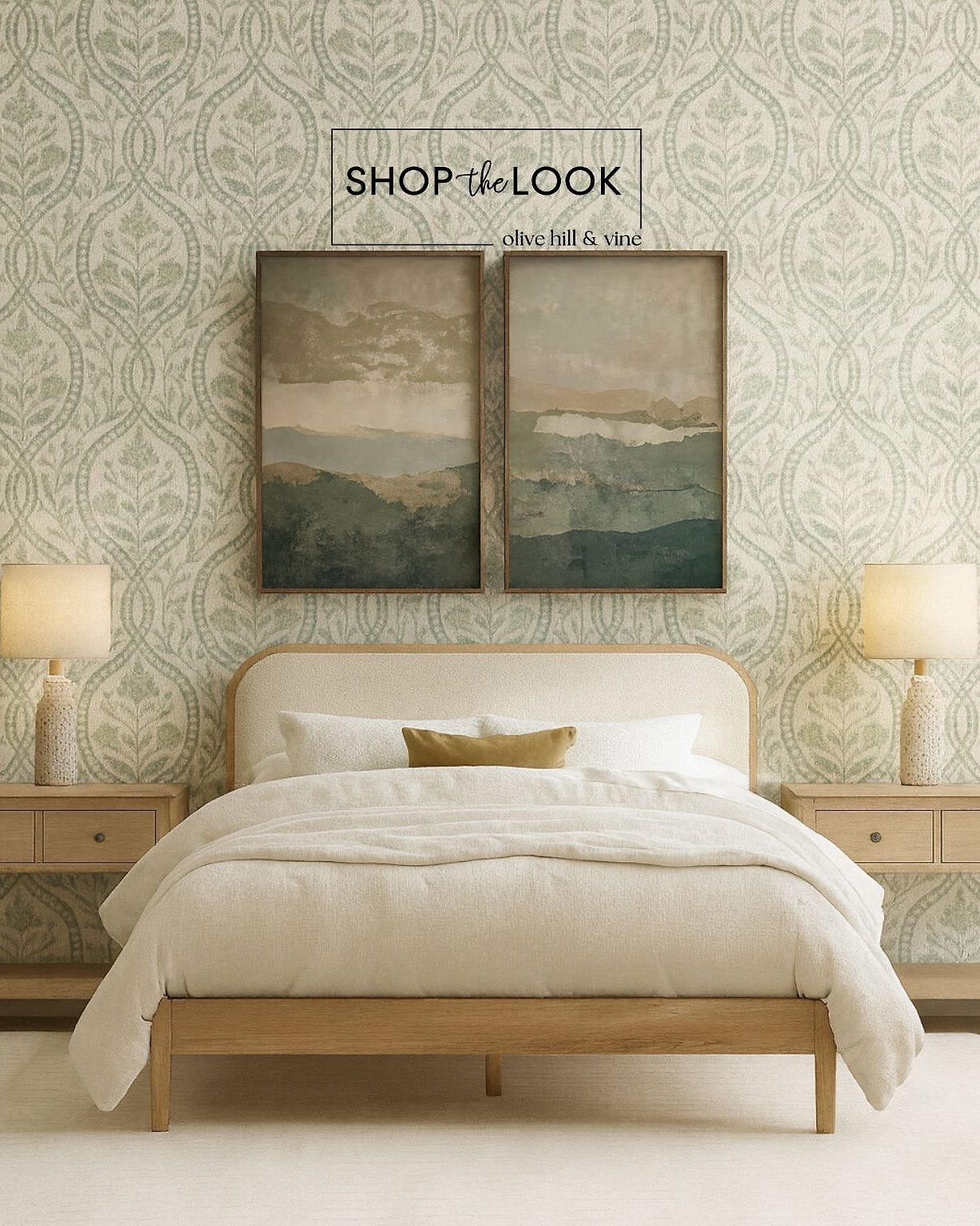 Soft patterns meet serene formality in this calming bedroom. A rounded upholstered bed anchors the space, framed by wildflower damask wallpaper, retro ceramic lamps, and Japandi-inspired artwork—where natural texture and modern simplicity feel perfectly balanced. 

 

#LTKHome #LTKStyleTip #LTKFamily