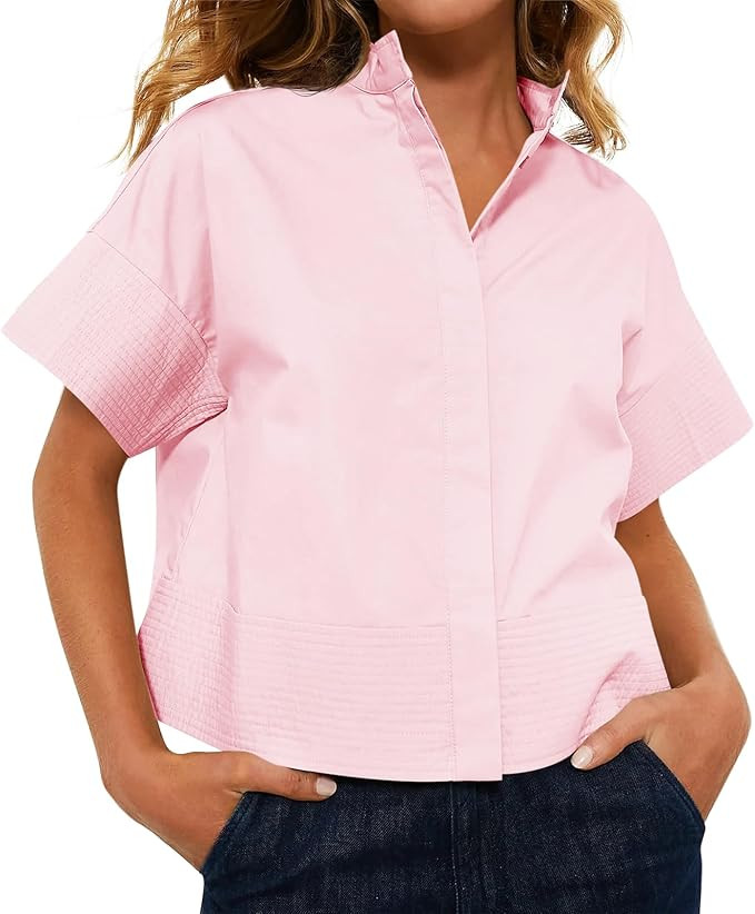 Cicy Bell Womens Cropped Short Sleeve Button Down Shirts Pleated Summer Dressy Casual Blouse Stan... | Amazon (US)