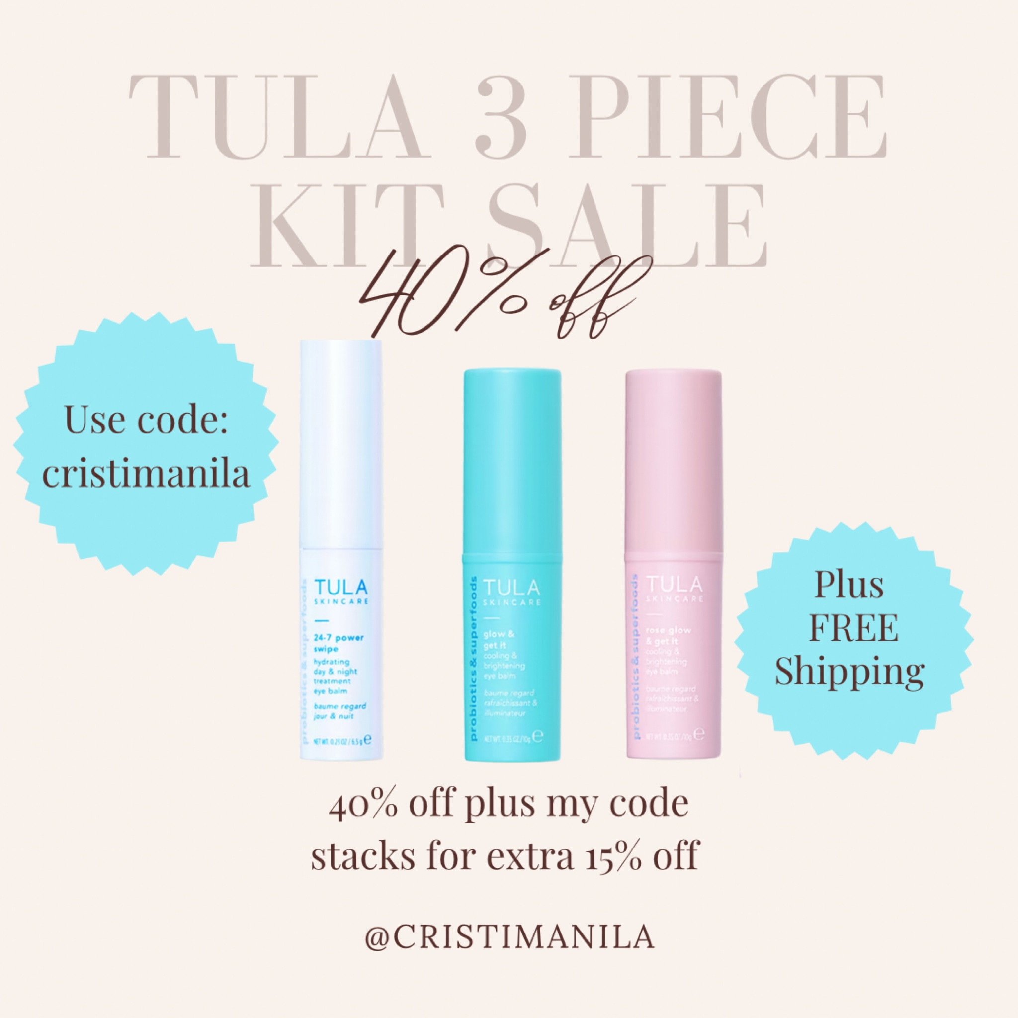 Thus 3 piece set is such a good deal today!! It's 40% off PLUS my code CristiManila stacks for an additional 15% off! & it qualifies for free shipping 🎉 Grab this set while it's on sale! 
#tulasale #tulaeyebalm #tula

#LTKFind #LTKsalealert #LTKbeauty