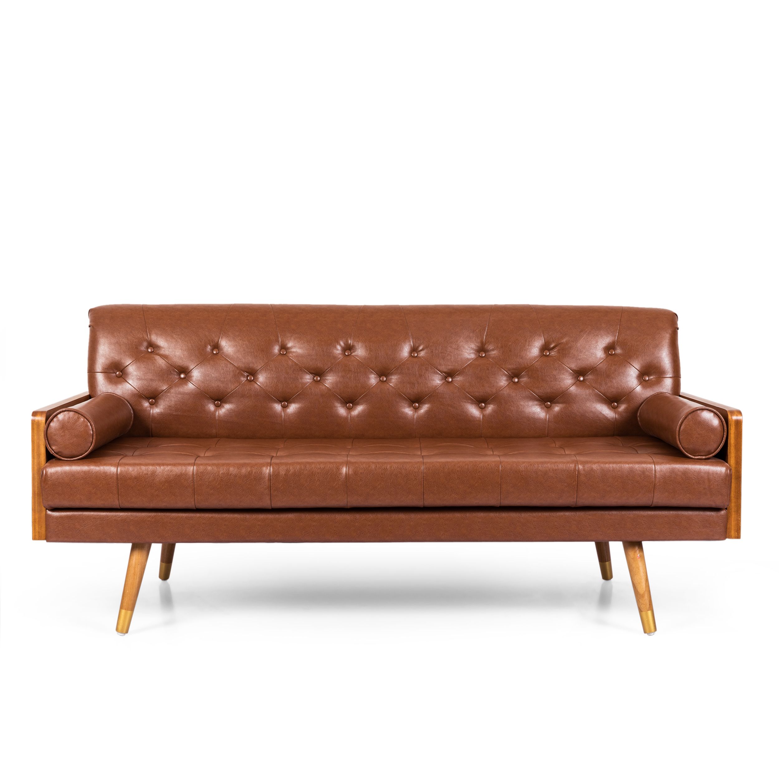 Noble House Marcel Mid-Century Modern Tufted Sofa with Rolled Accent Pillows, Cognac Brown, Dark ... | Walmart (US)