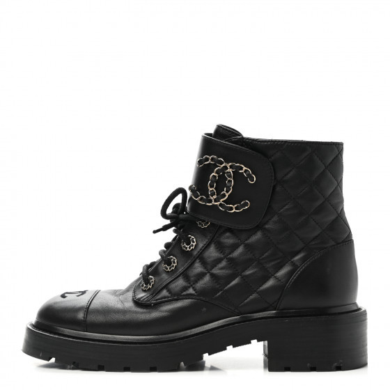 CHANEL Lambskin Calfskin Quilted Lace Up Combat Boots 38.5 Black | Fashionphile