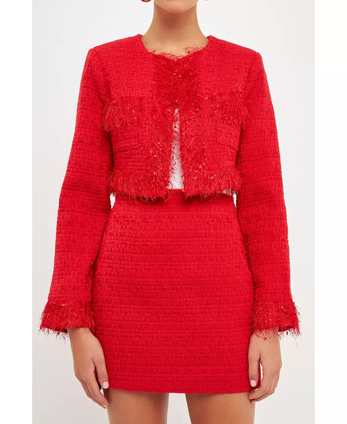 Women's Trimmed Feather Cropped Blazer | Macys (US)