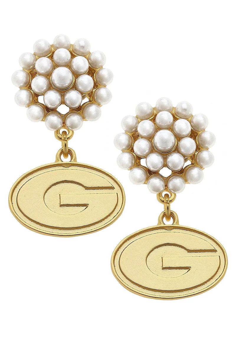 Georgia Bulldogs Pearl Cluster 24K Gold Plated Logo Earrings | CANVAS