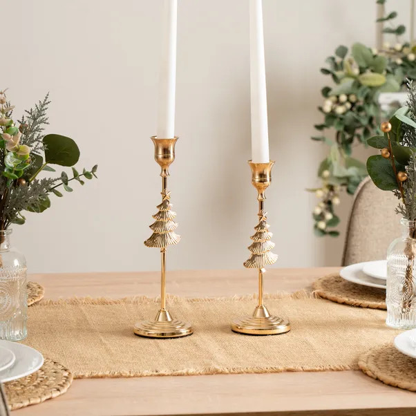 Set of 2 Gold Christmas Tree Candle Holders | Dunelm