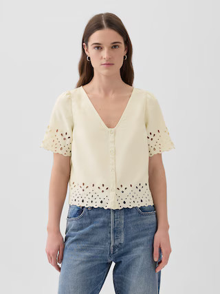 Linen-Blend Cropped Eyelet Shirt | Gap (US)