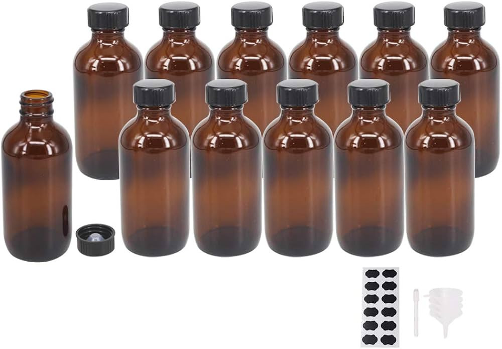 12 Pack 4 oz Amber Boston Glass Bottle with Black Poly Cap, Funnel, Chalk Labels, Pen for Homemad... | Amazon (US)