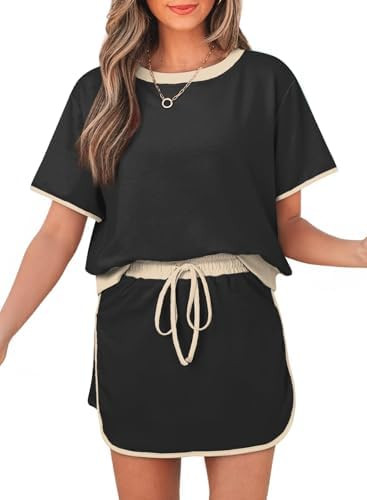 Women's 2 Piece Sets Summer Casual Short Sleeve Tops and Matching Drawstring Skort Going Out Loun... | Amazon (US)