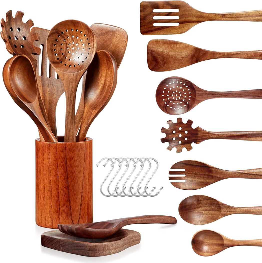 Wooden Spoons for Cooking - 10 Piece Natural Teak Wood Kitchen Utensil Set, Wooden Spoons Set wit... | Amazon (US)