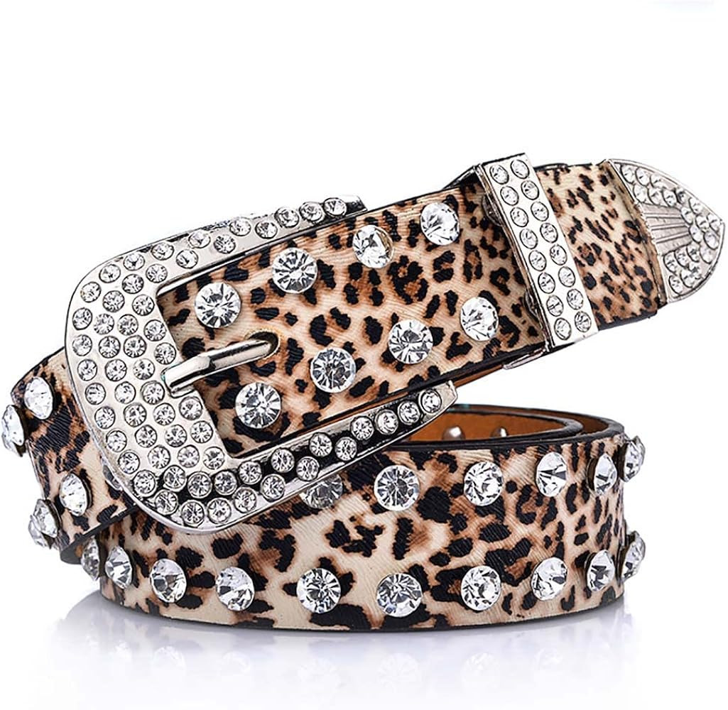 Vivilly Leopard Rhinestone Belt for Women Western Cowgirl Bling Crystal Studded Leather Belt for Jeans Pants | Amazon (US)