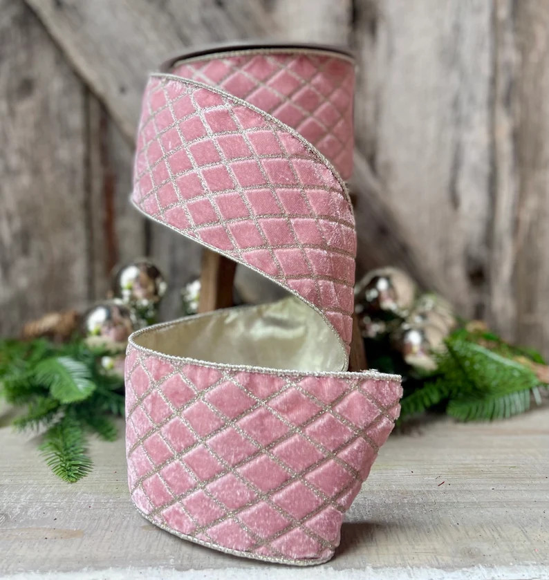 4" Pink Metallic Diamonds Velvet Ribbon, Farrisilk Ribbon, Pink Velvet, Christmas Tree Ribbon, Wi... | Etsy (US)