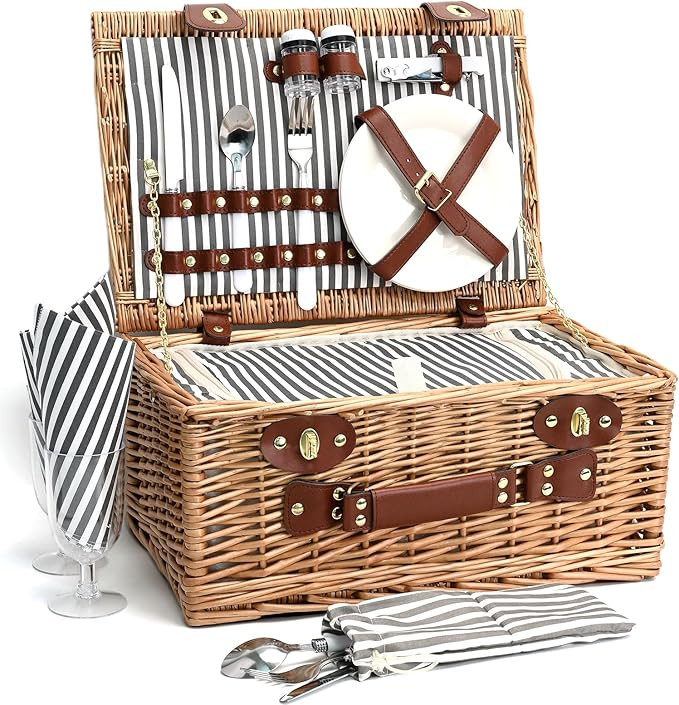 17Pcs Natural Wicker Picnic Basket Set for 2 with Insulated Liner for Camping,Wedding,Valentine D... | Amazon (US)