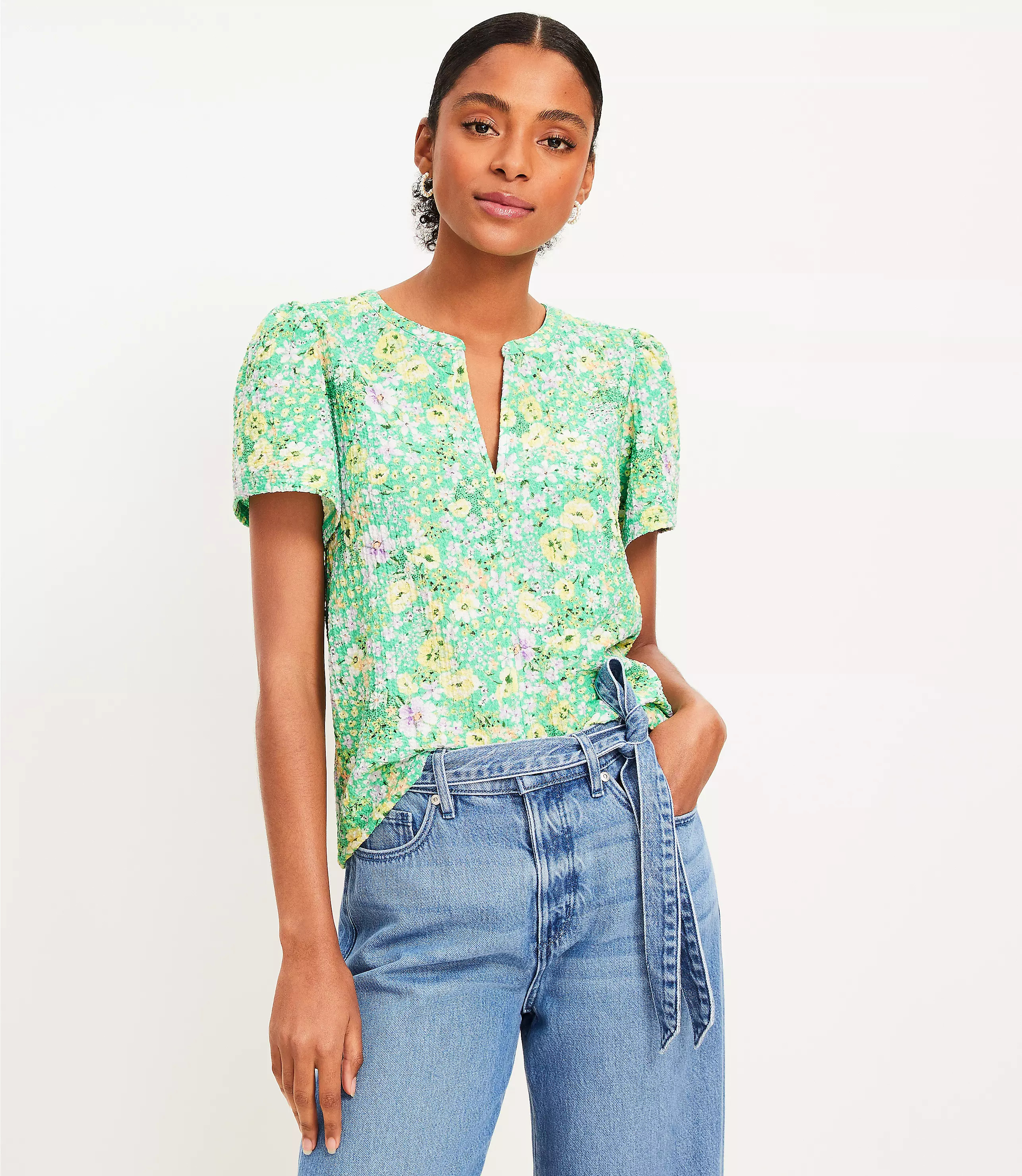 Floral Notched Flutter Sleeve Top | LOFT