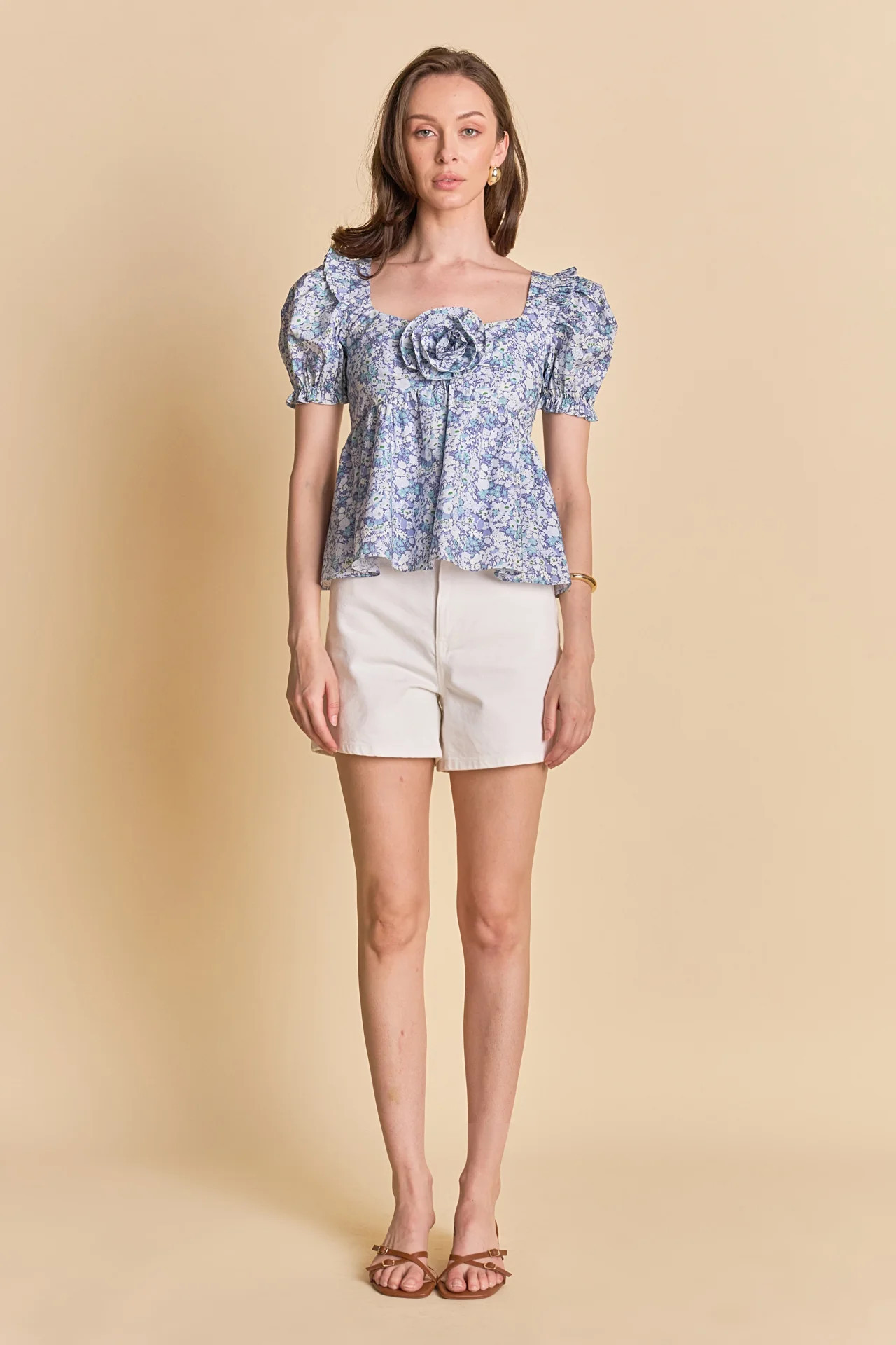 Floral Print Top With Flower | English Factory