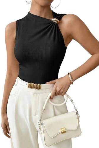 EVALESS Womens Sleeveless Asymmetric Neck Tank Tops Elegant Metal Decor Ribbed Fitted Summer Basi... | Amazon (US)