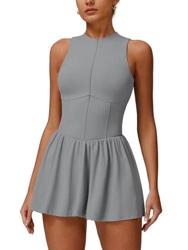 Tennis Dress for Women High Neck Sleeveless Ruffle A-line Dress with Shorts Yoga Fitness Active Dresses Gray | Amazon (US)
