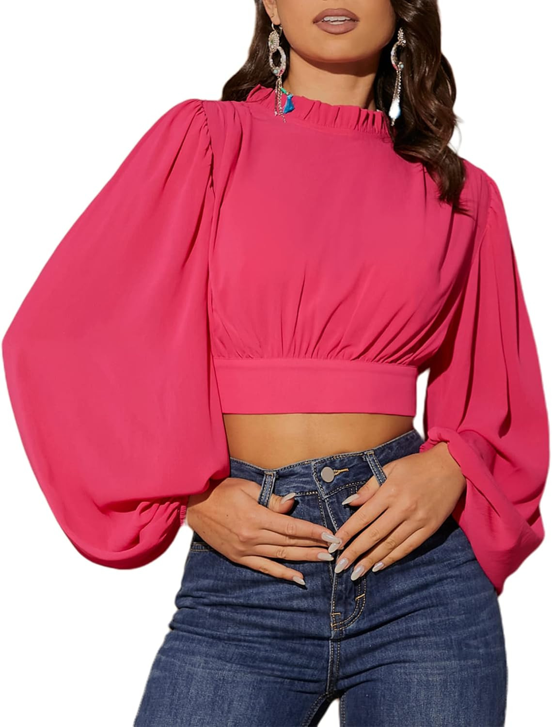 Remido Womens Mock Neck Puff Sleeves Blouse | Amazon (US)