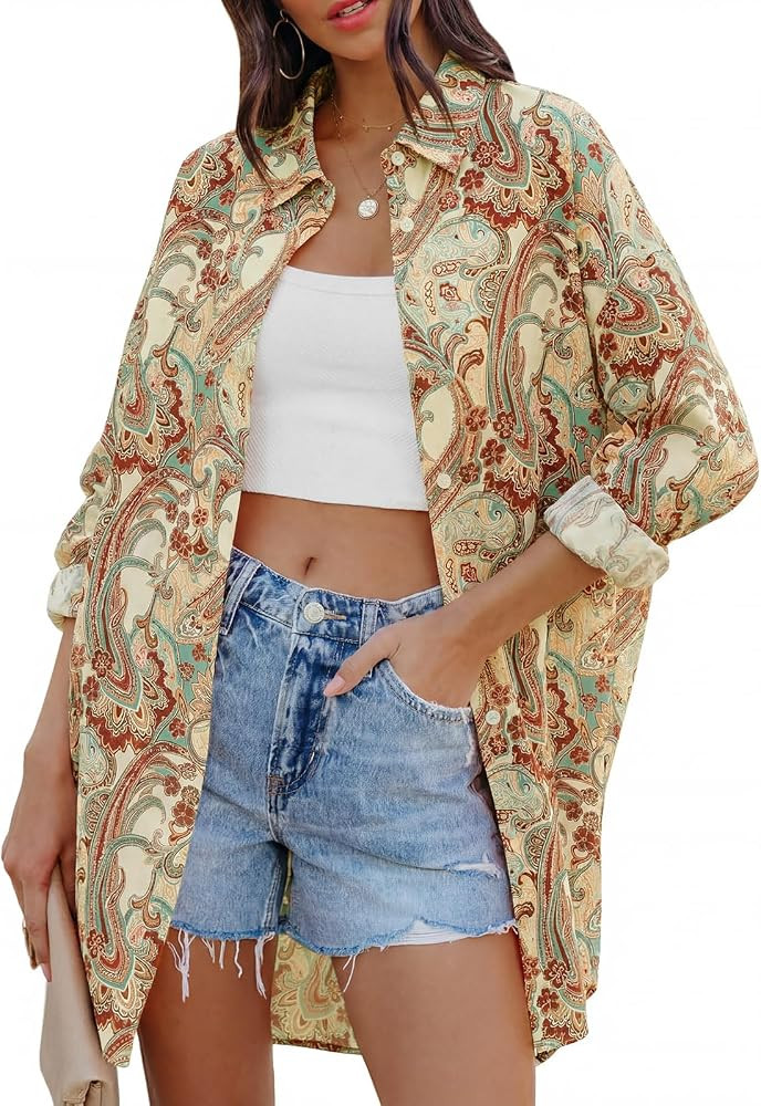 FSHAOES Womens Oversized Button Down Shirts Casual Loose Long Sleeve Solid Lapel Long Blouses Tops with Pockets | Amazon (US)