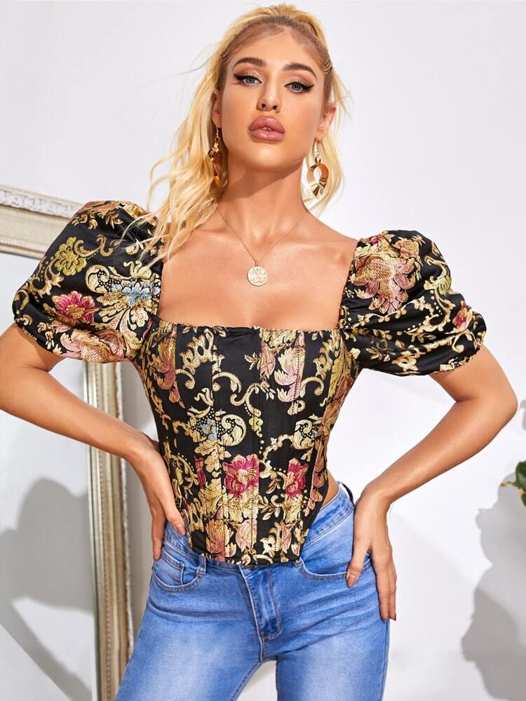 Zip Back Puff Sleeve Floral Jacquard Top | SHEIN