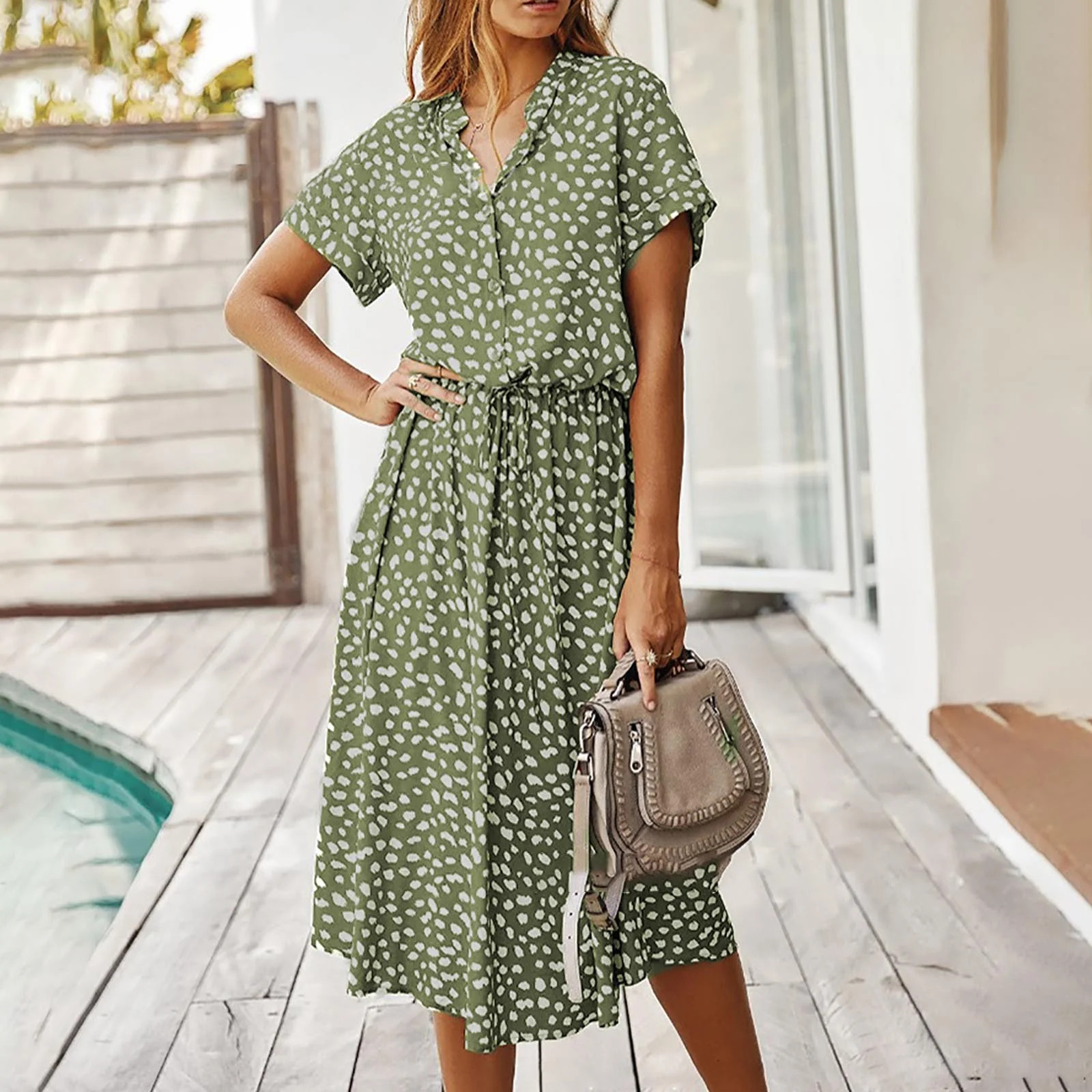 Summer Leopard Midi Dress for Women V Neck Fashion Knee Length Flowy Short Sleeve Drawstring Butt... | Walmart (US)