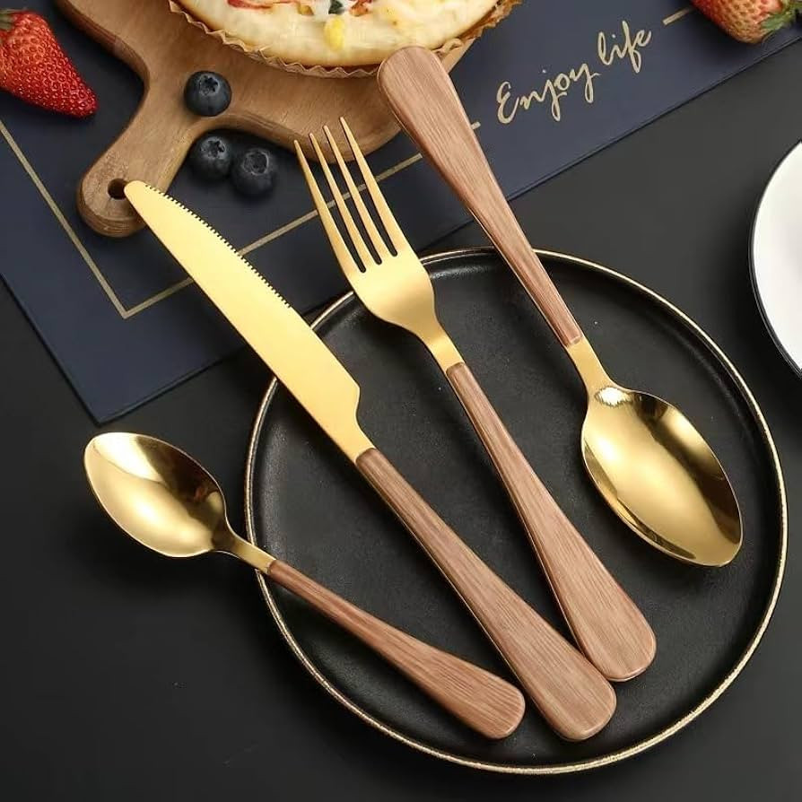 Wood Gold Silverware Set for 4 Flatware Sets Stainless Steel Wooden Grain Handle Gold Cutlery Set... | Amazon (US)