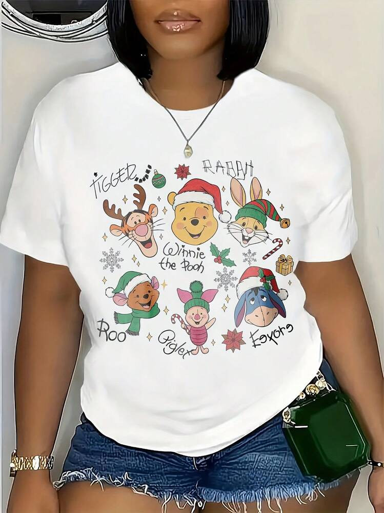 Disney Christmas T-Shirt For Women Featuring Winnie The Pooh, Tigger, Piglet, Eeyore, And Friends In Holiday Outfits – Festive Cartoon Print Christmas Gift For Kids And Adults – Perfect For Christmas Parties, Family Matching Outfits, Holiday Celebrations | SHEIN