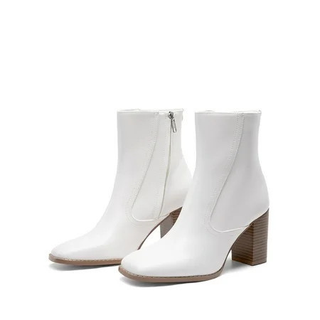 BURUDANI Women s Ankle Boots low Heel Side Zip Chunky Booties White-Pu Size 9.5 | Walmart (US)